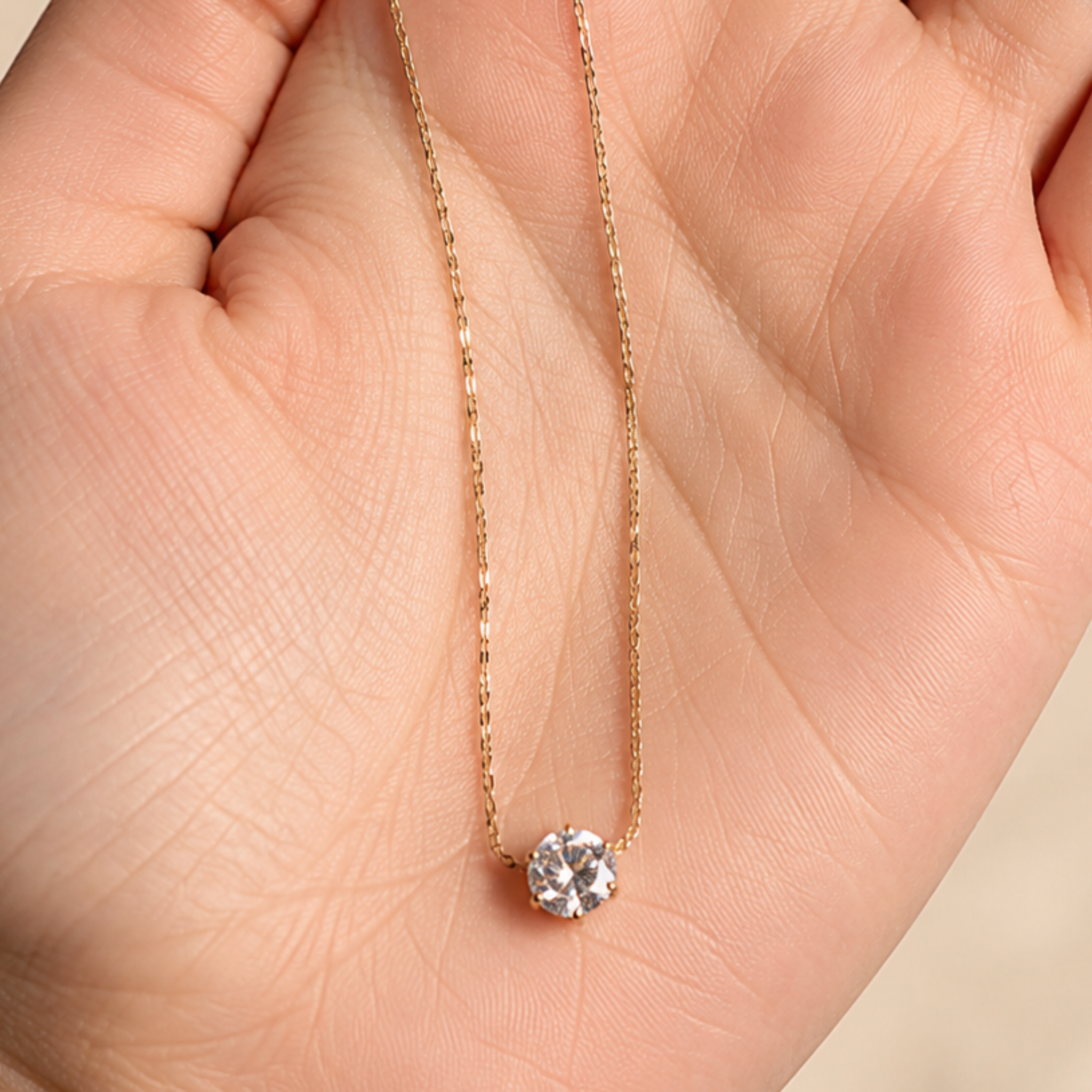 A woman holding a minimalistic solitaire necklace