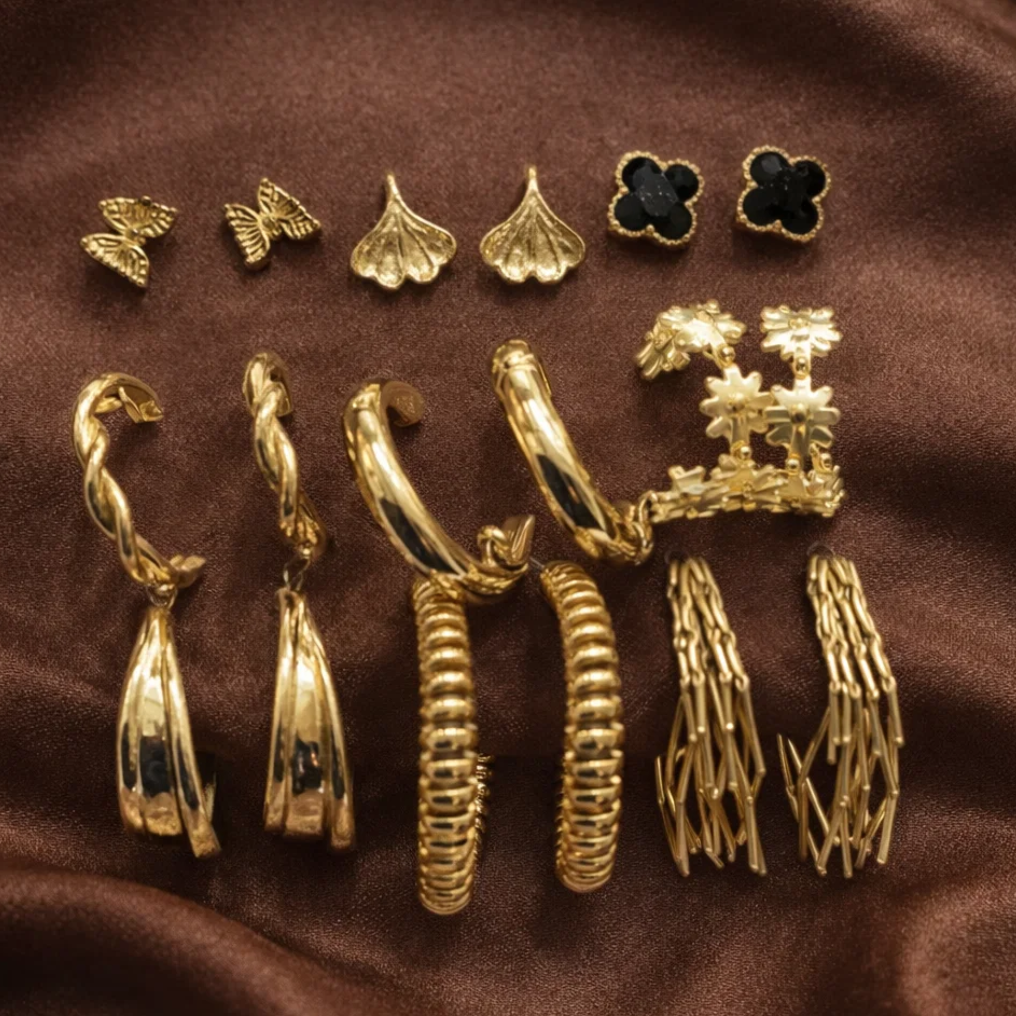 Collection of casual earrings on a velvet fabric