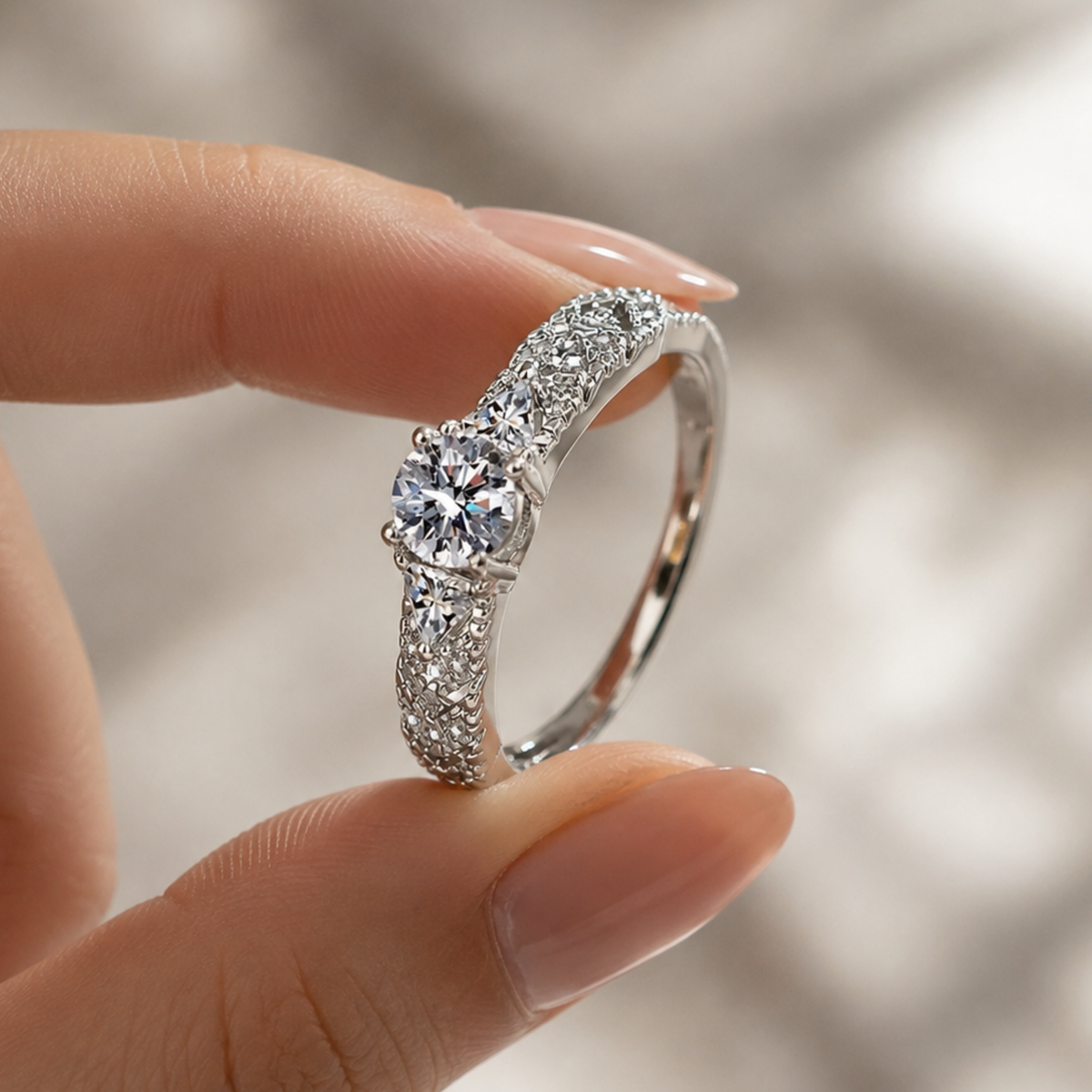 A close-up of a hand holding a silver-toned diamond style ring