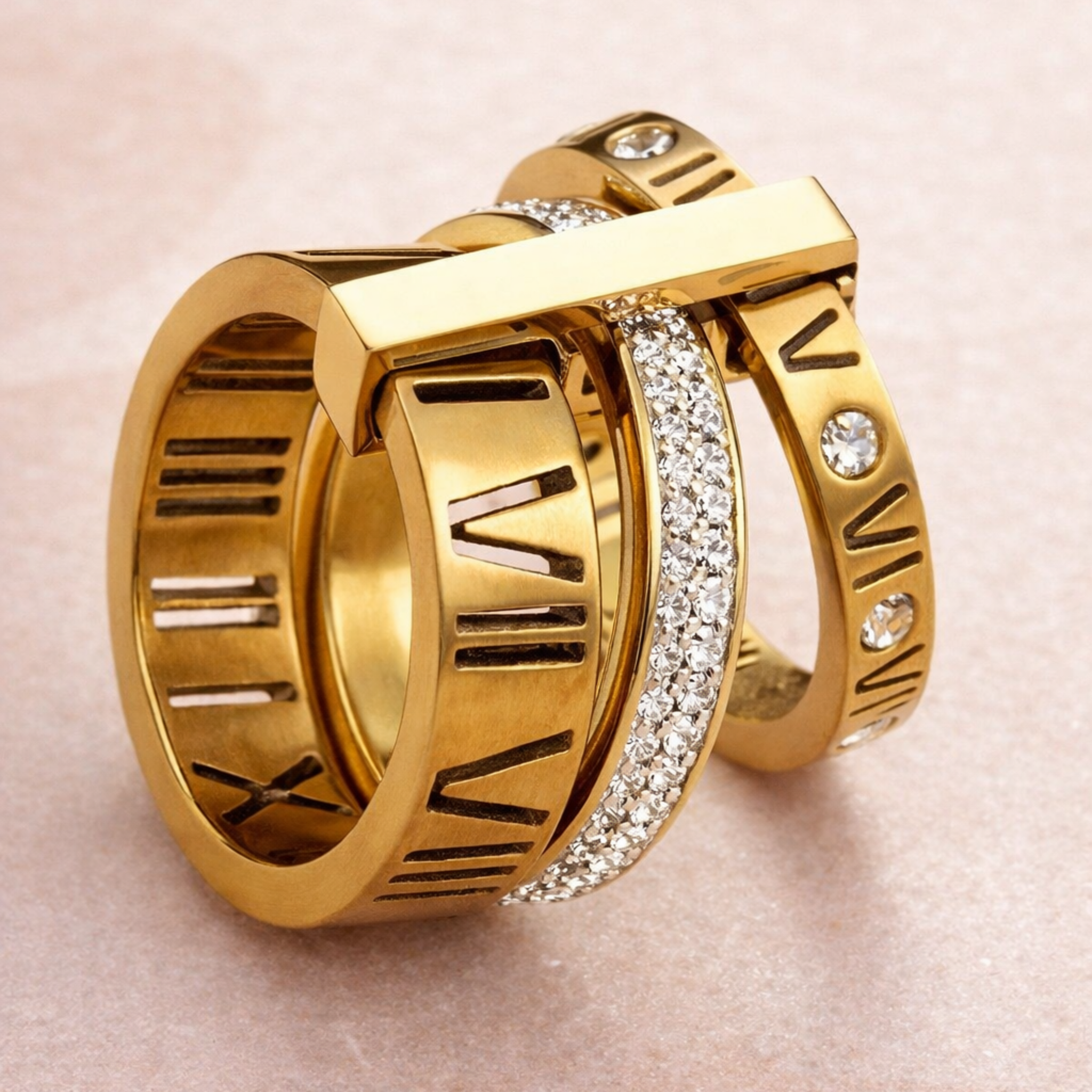 Gold ring with Roman numeral design and diamond accents