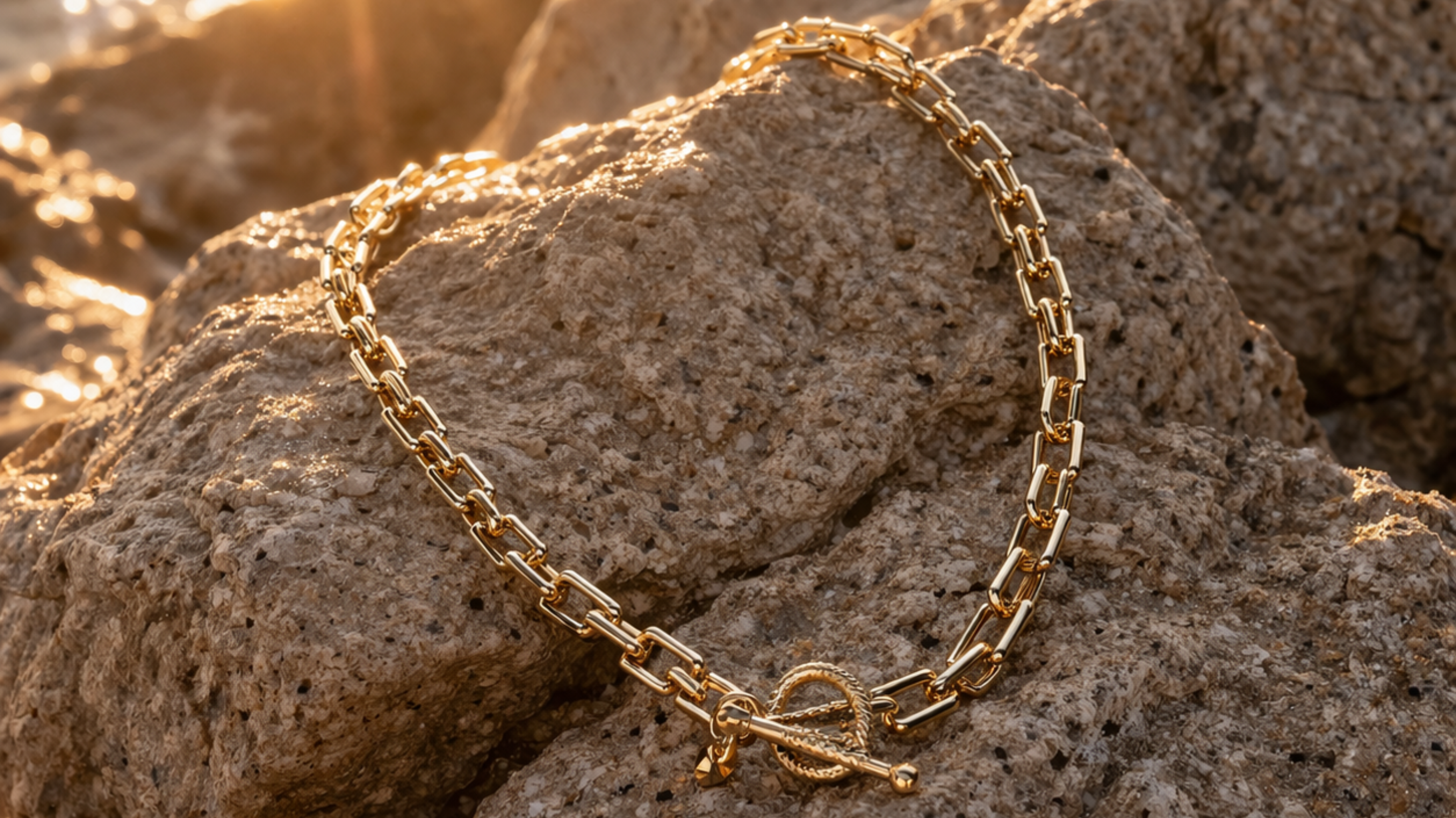 Gold chain bracelet on a textured stone surface with a sunlit background
