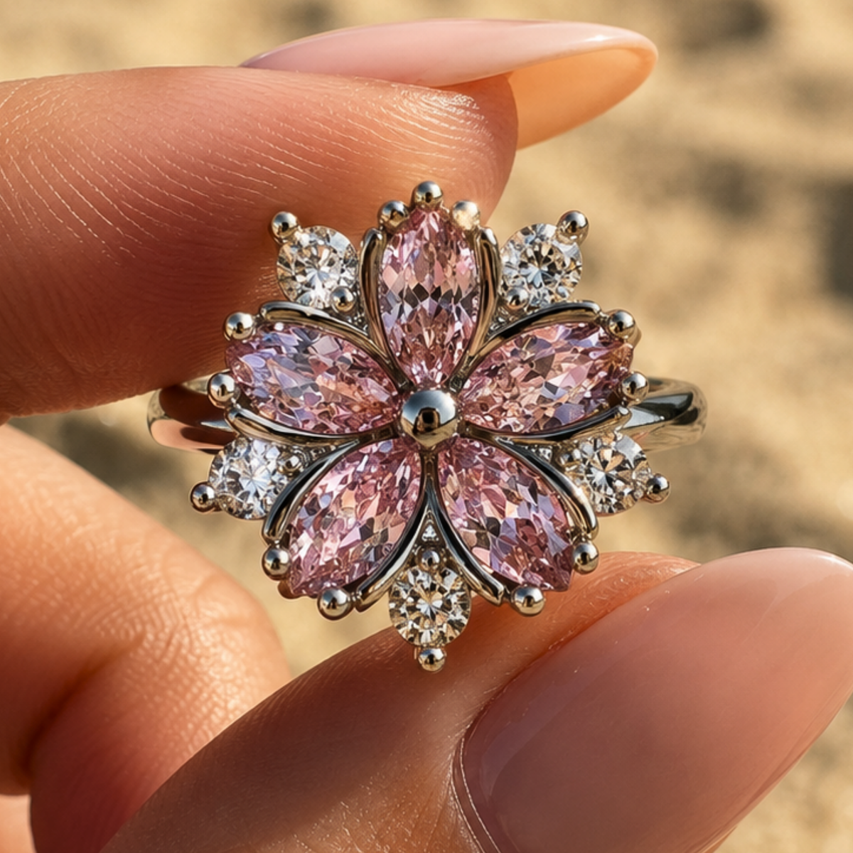 A woman holding a silver ring with a flower-shaped pink gemstone 