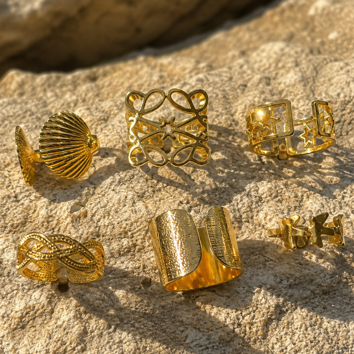 Six gold color casual rings on a rock surface