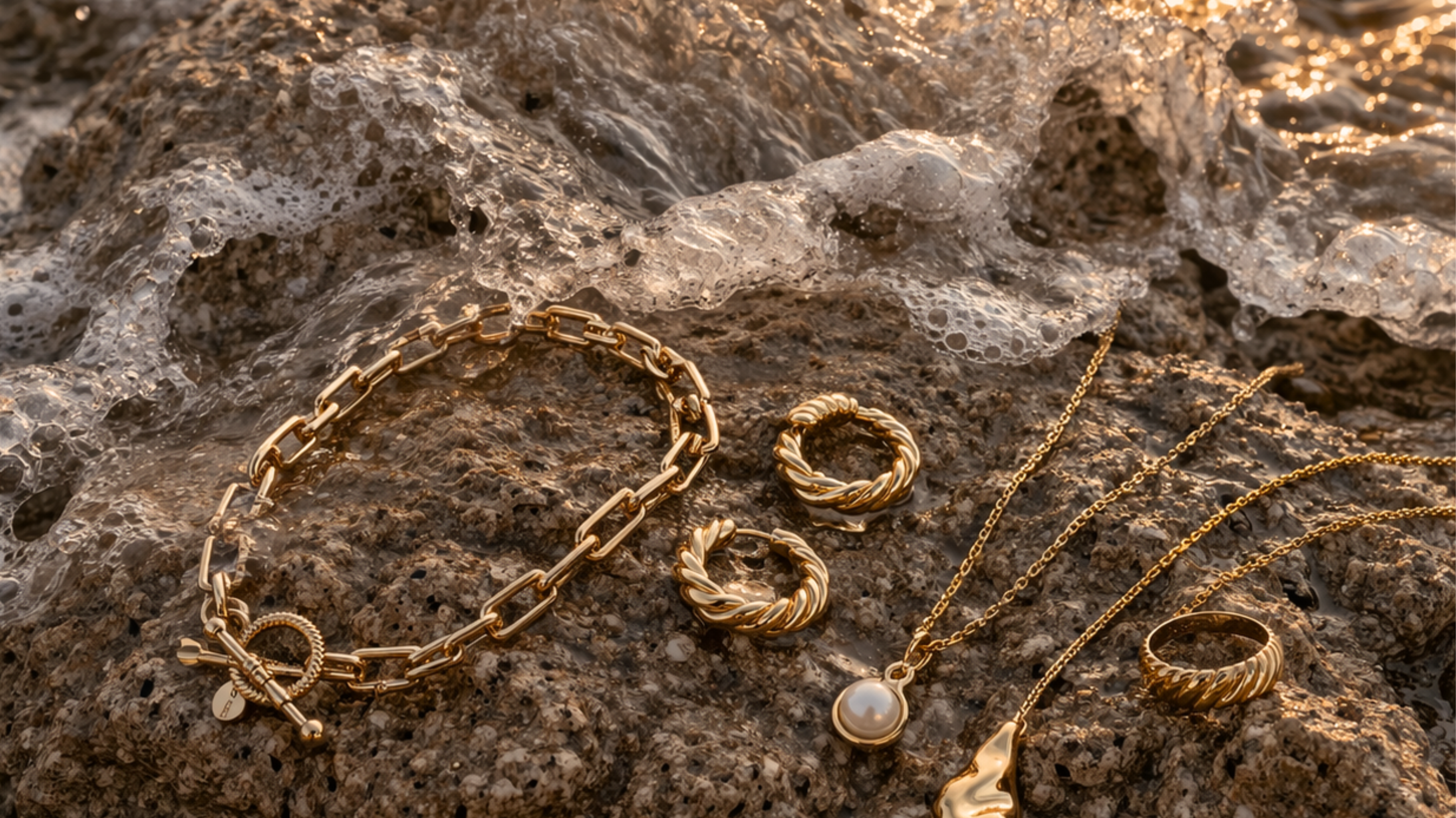 Gold jewelry set including bracelet, necklace, and earrings on a textured stone surface